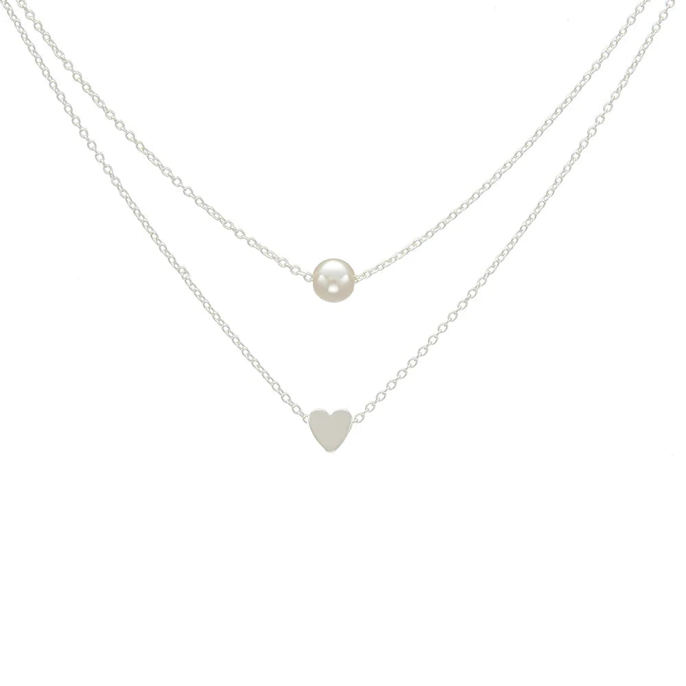 Sweet Double Layers Imitation Pearls Heart-shaped Pendant Necklace